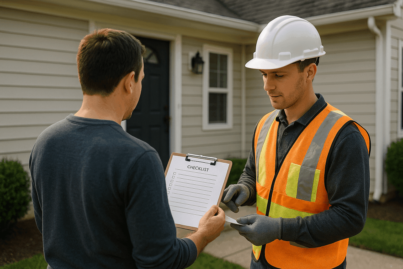 Homeowner reviewing credentials with roofing contractor at home