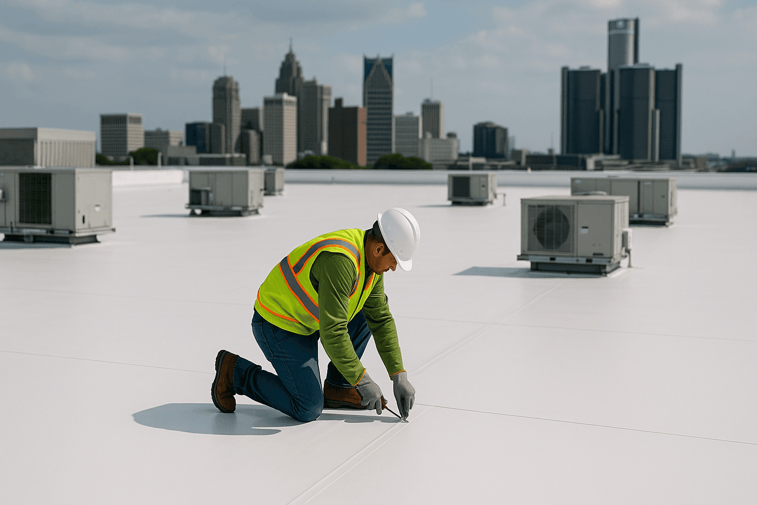 Large commercial flat roof with HVAC units and technician