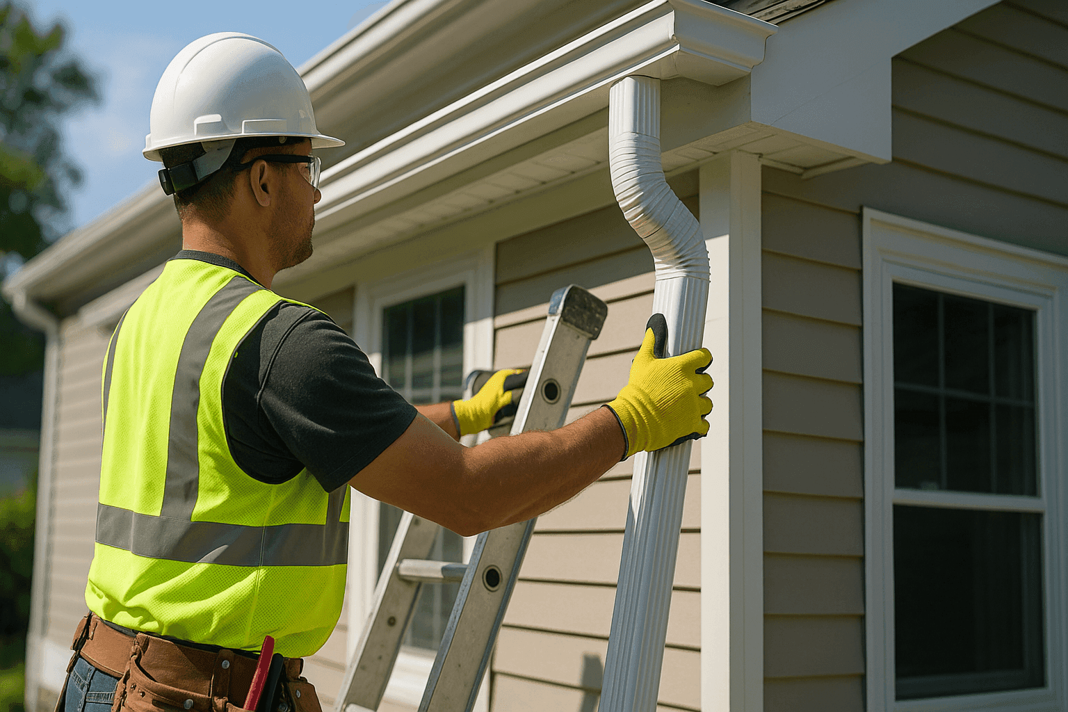 Technician installing new downspout on residential home