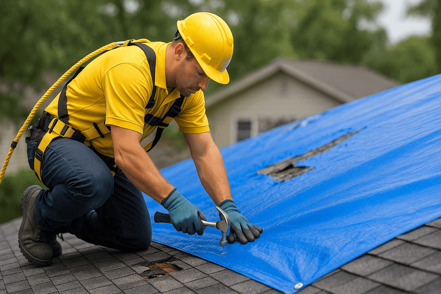 Technician securing emergency tarp on residential roof after storm
