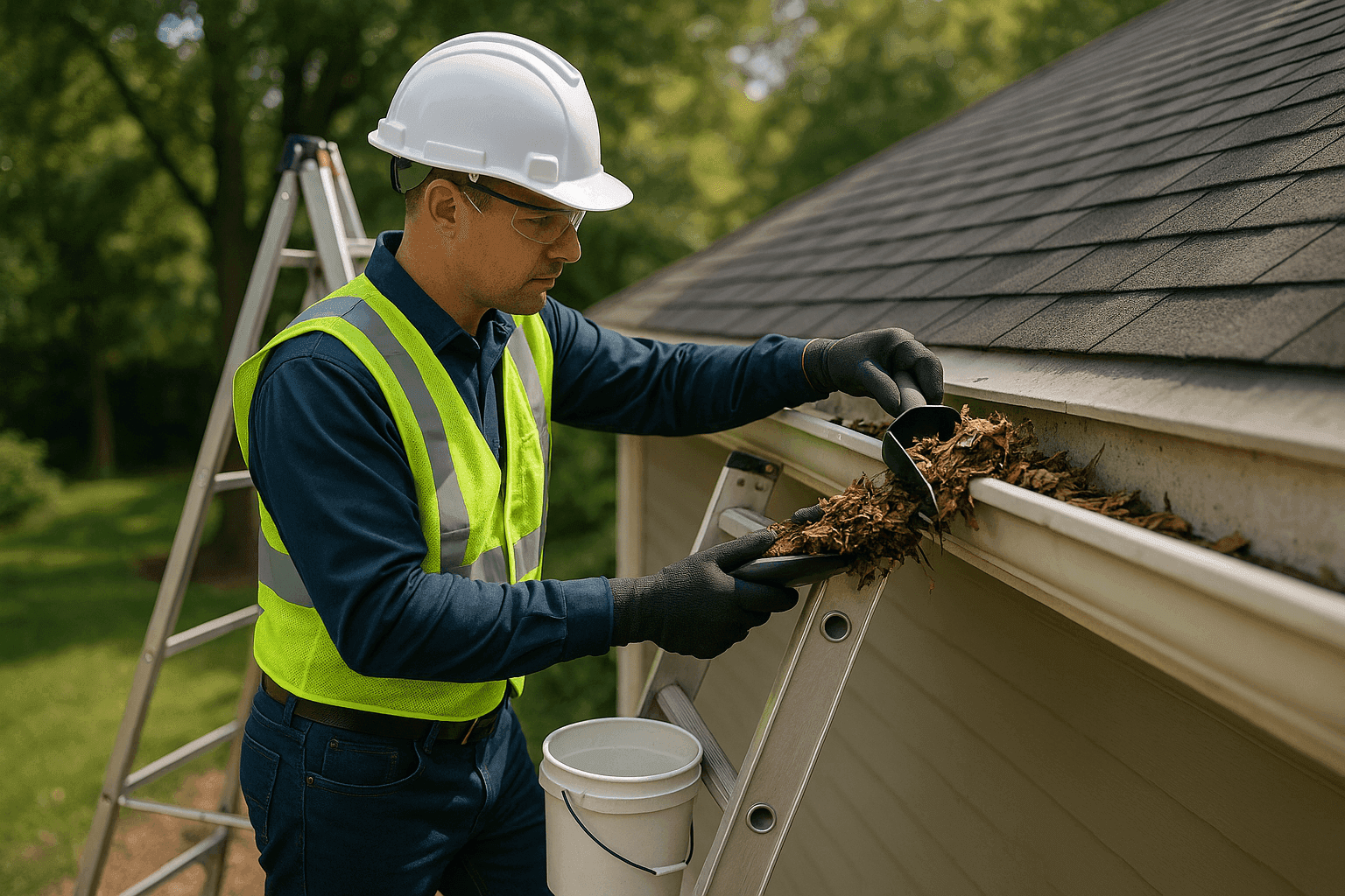 Technician removing debris from residential gutter