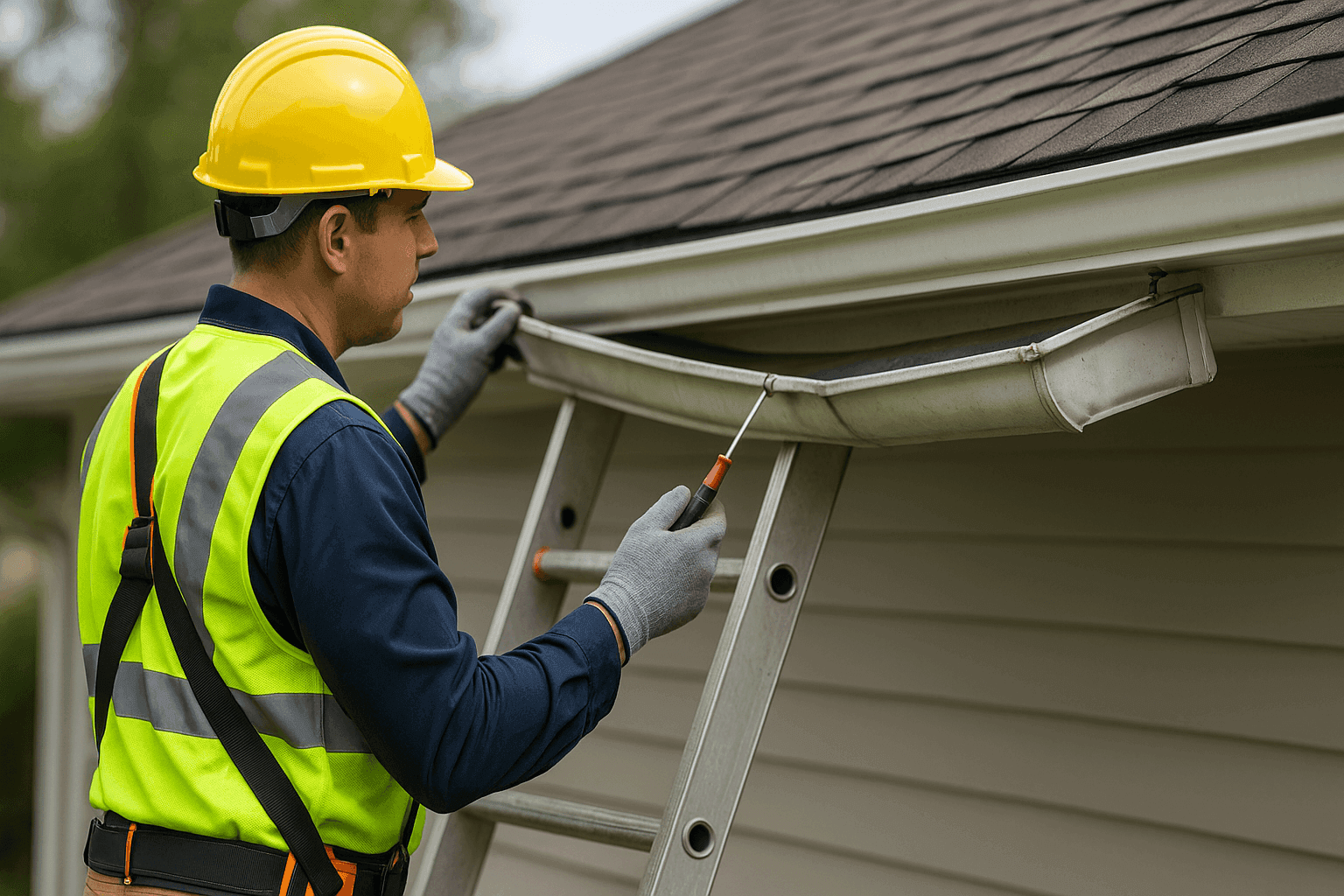 Technician inspecting sagging gutter attached to roof edge