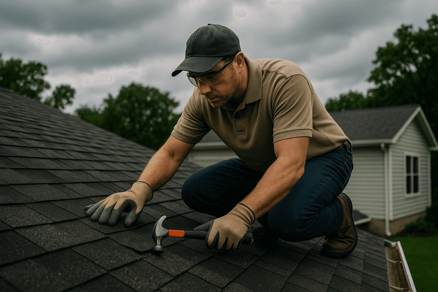 Homeowner inspecting roof for damage after severe weather