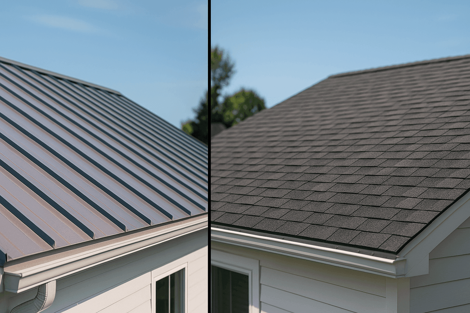Split view of metal and shingle roofs side by side