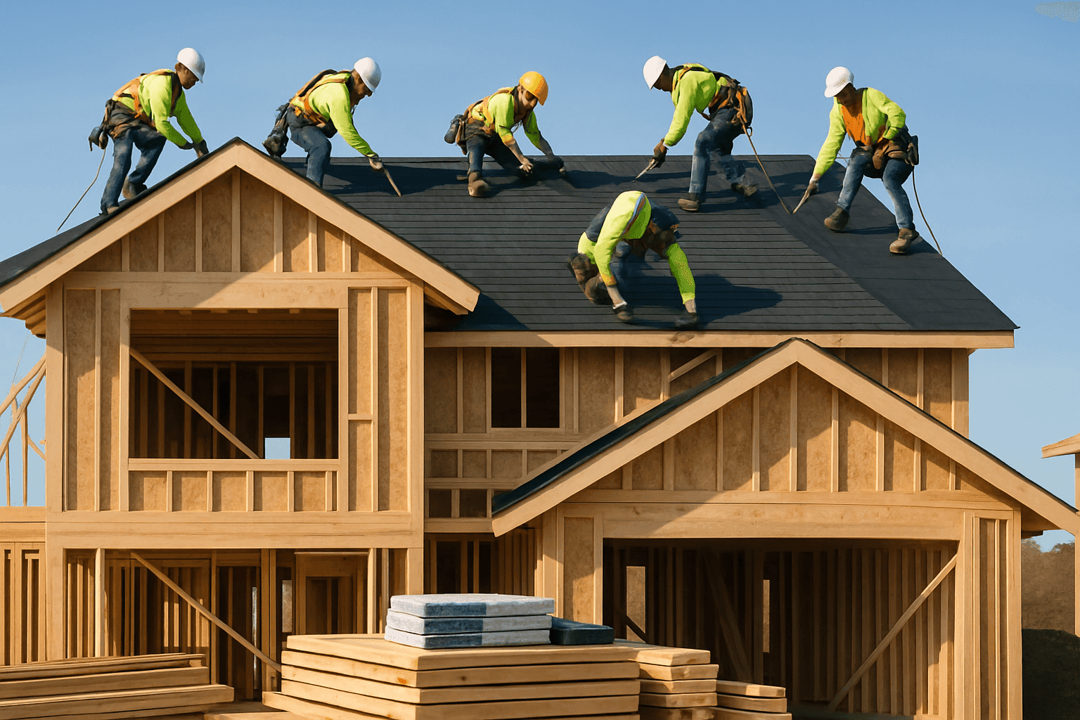 Newly framed home with roofers installing first shingles