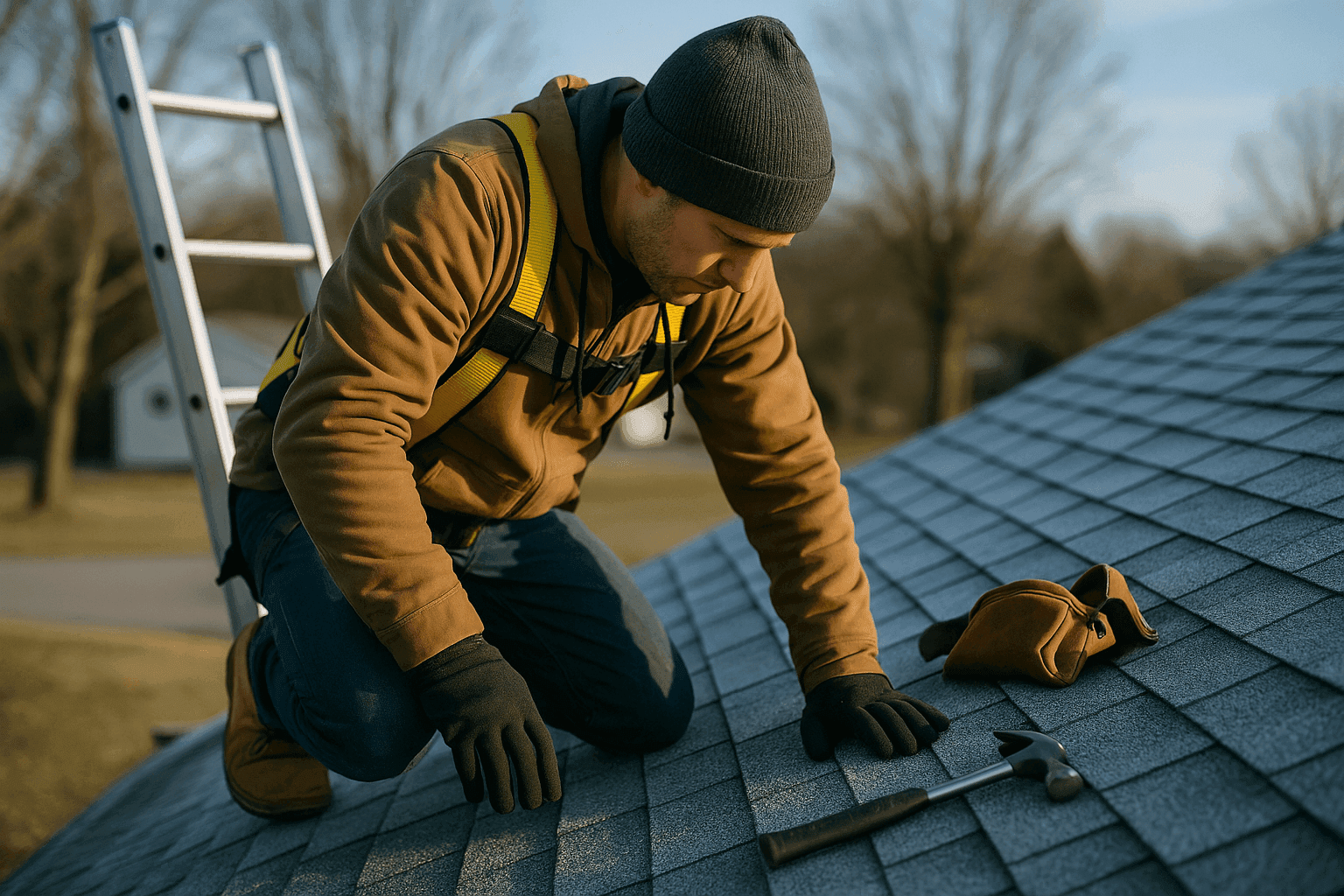 Homeowner inspecting frost-covered roof preparing for winter