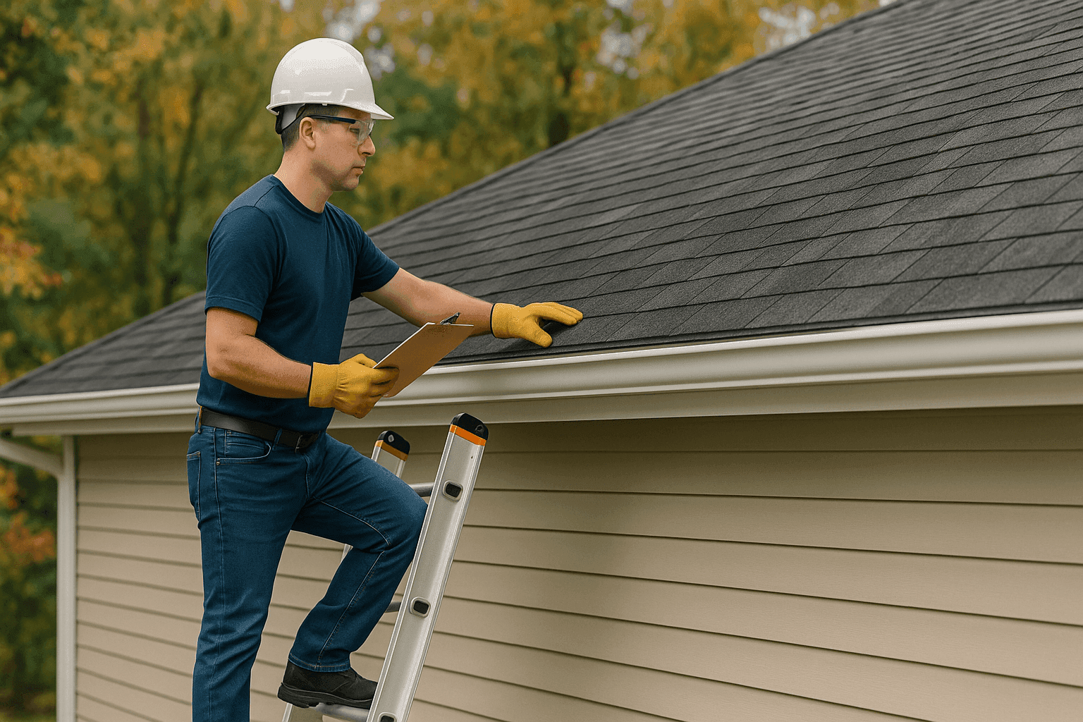 Homeowner inspecting clean roof with seasonal checklist in hand