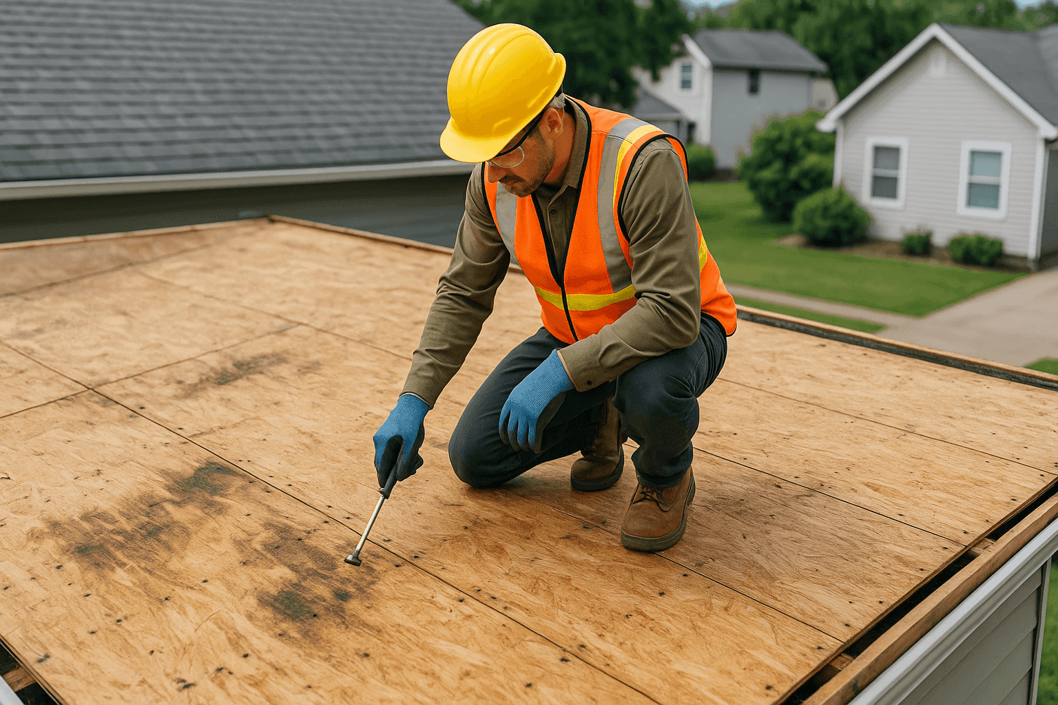 Exposed roof decking with visible water damage
