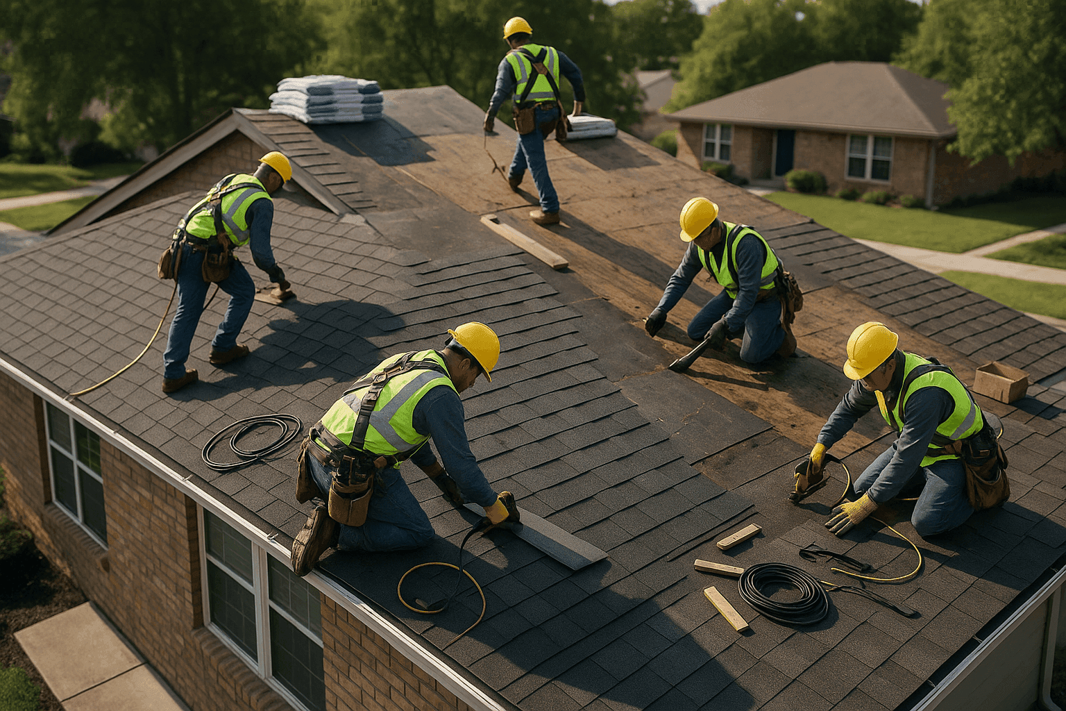 Aerial view of roofers replacing old roof with new shingles