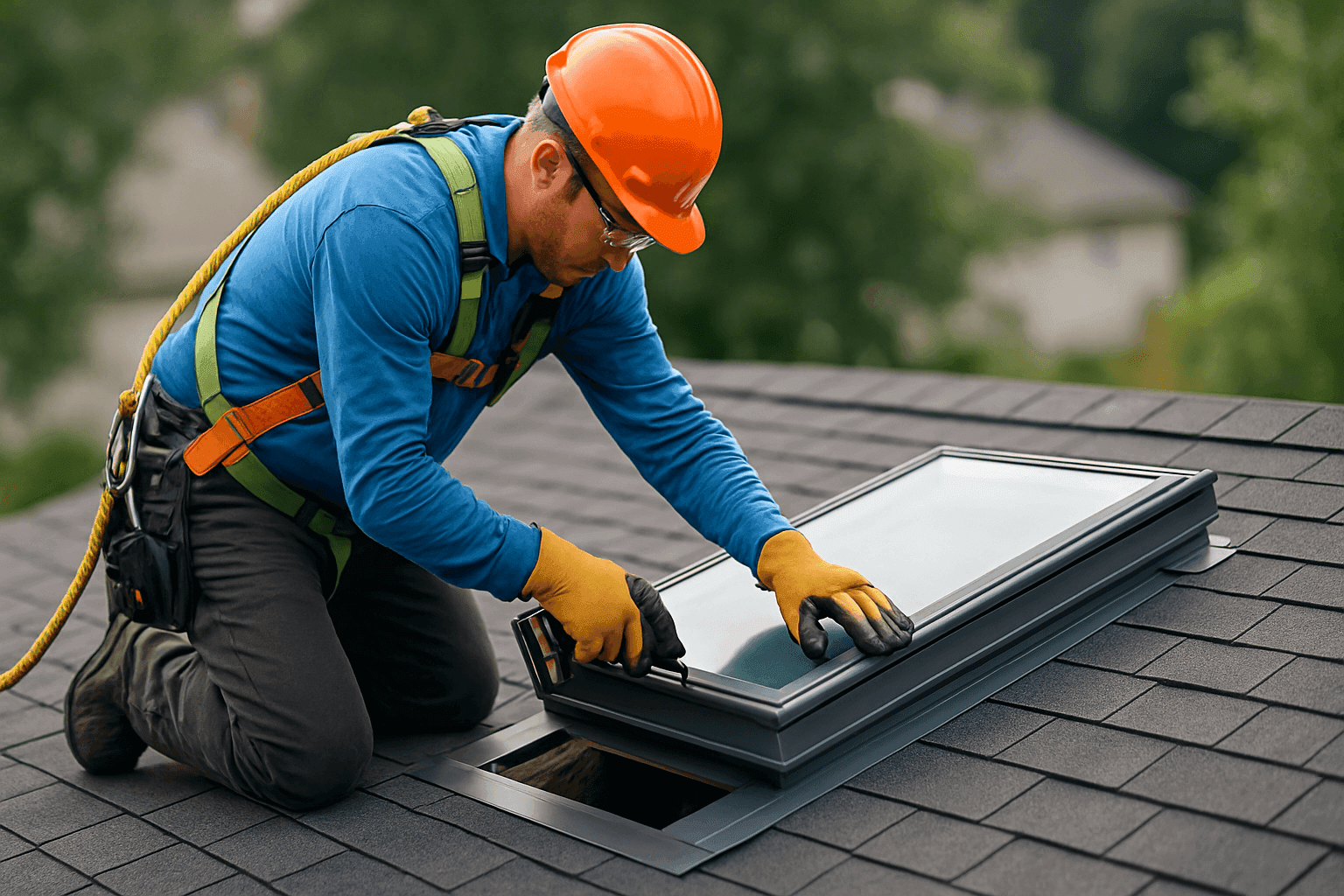 Technician installing skylight on residential roof