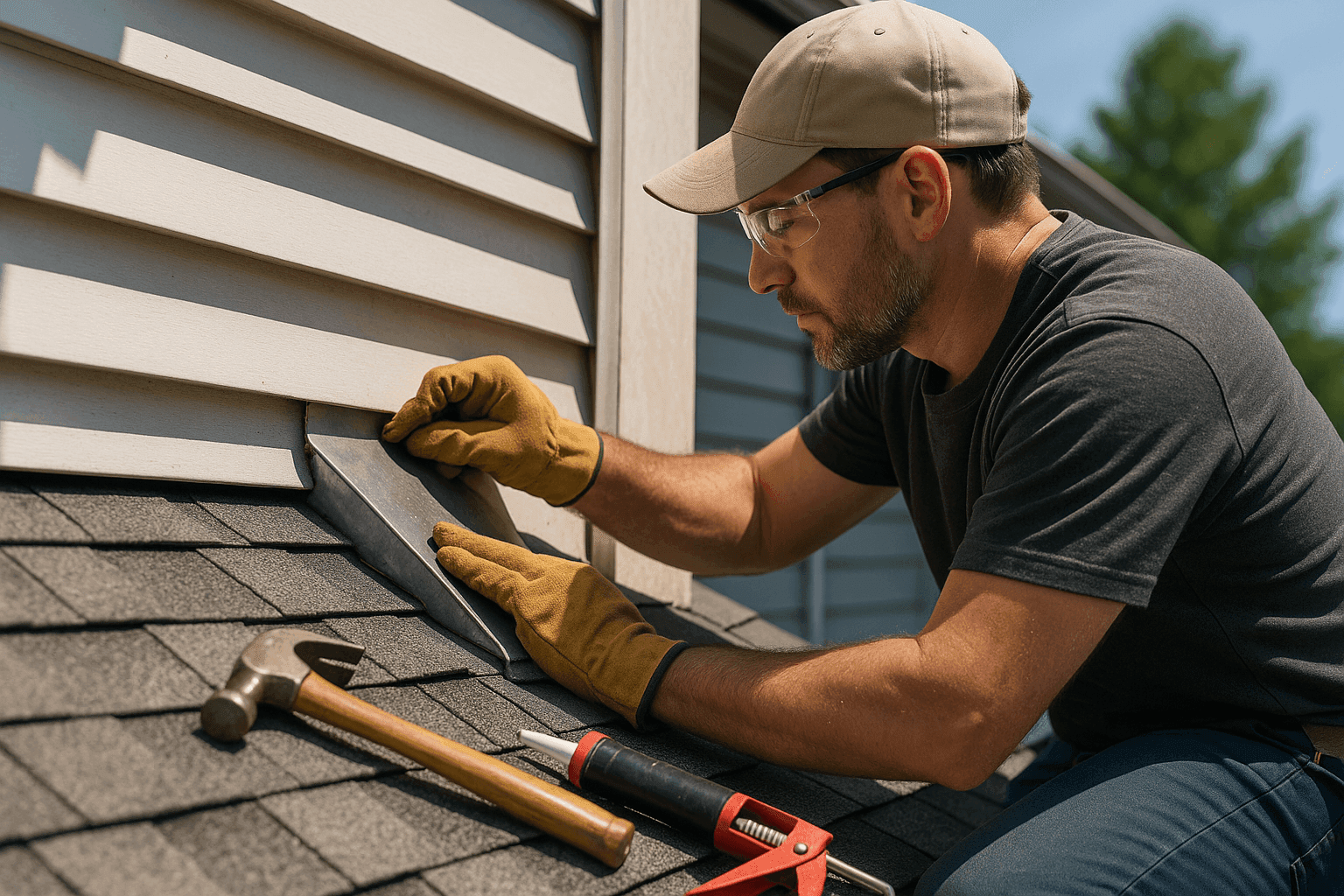 Roofer repairing metal roof flashing to prevent leaks on a residential home