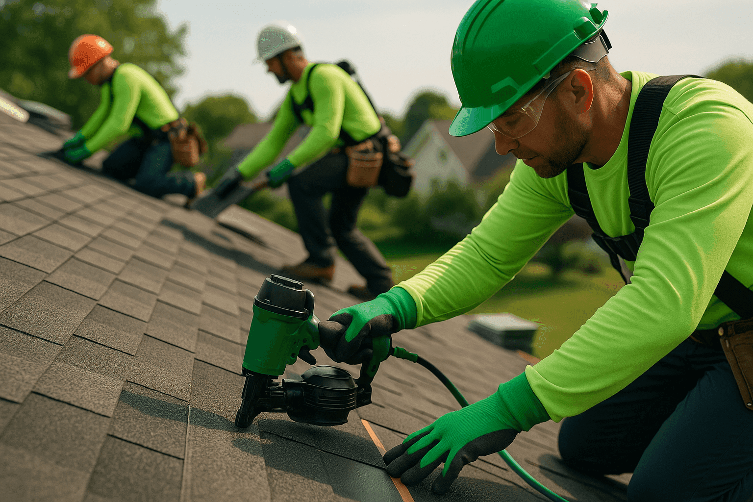 Professional roofing crew installing shingles on residential roof wearing safety gear in Murfreesboro