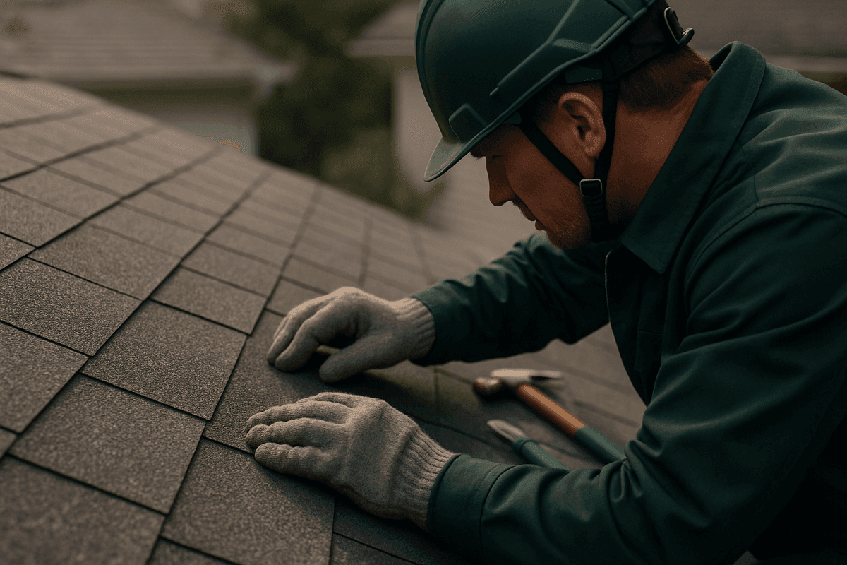 Close-up of roofer’s gloved hands aligning asphalt shingles on residential roof in Murfreesboro
